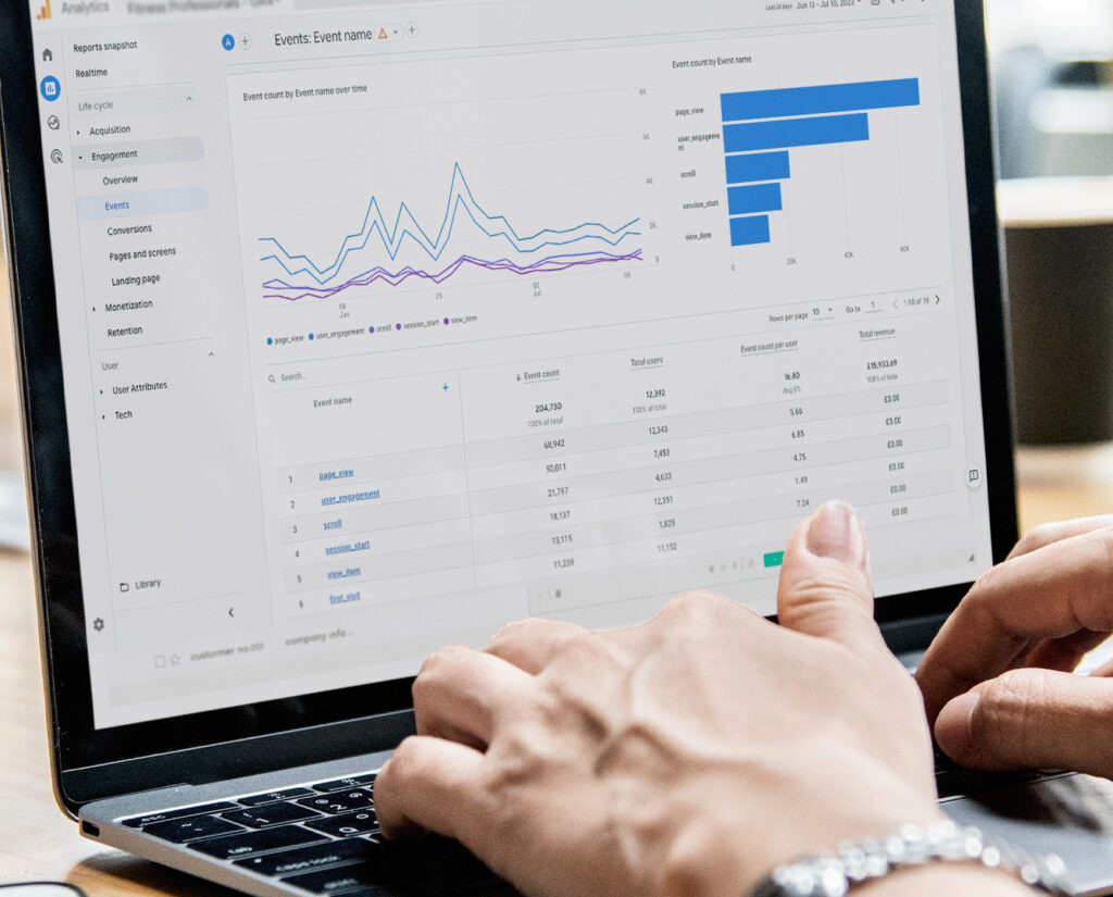 a laptop desktop screen showing analytics data and graphs